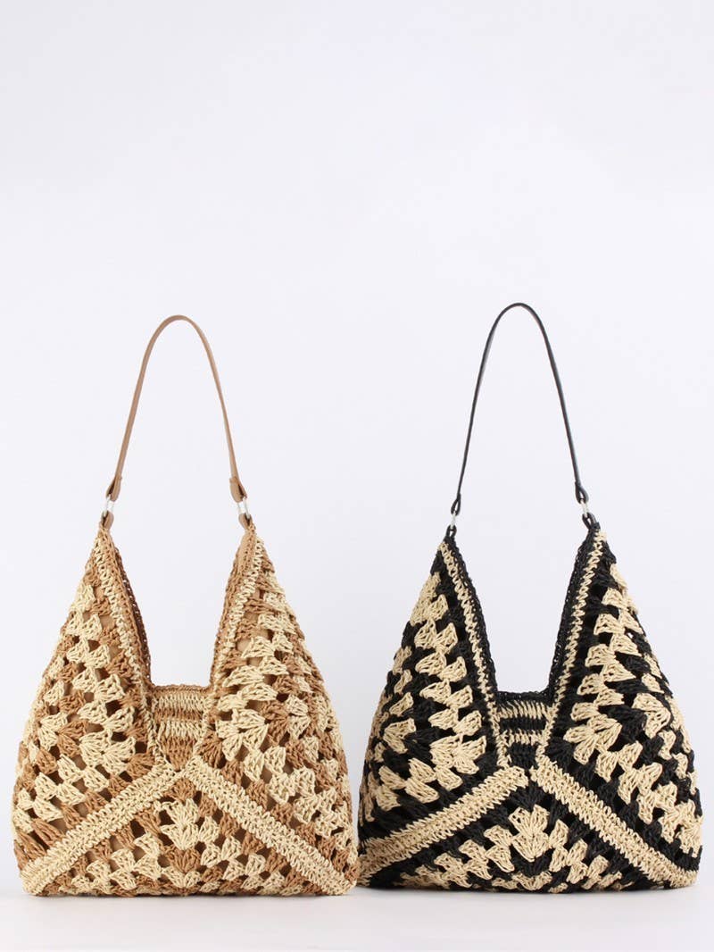 Crochet Open-Weave Boho Handbag | 40P602: Black Mix