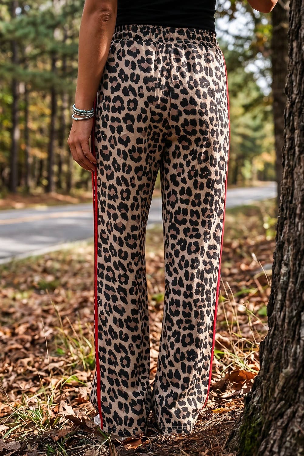 Leopard Print Rose Side Wide leg Stripe Detail Wide Pants: Rose