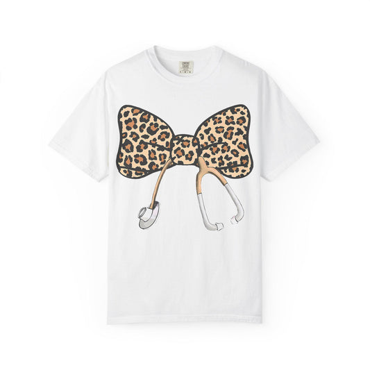 Leopard Print Bow Stethoscope T-Shirt | Nurse Doctor Medical Tee
