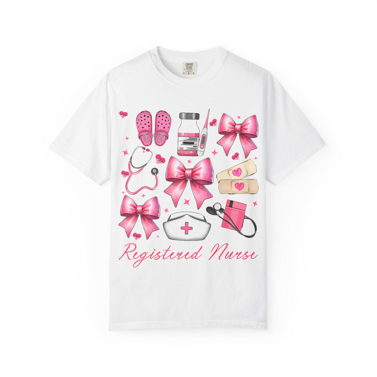 Registered Nurse Illustration T-shirt | Pink Medical Icons, Stethoscope, Bandages, Nurse Cap