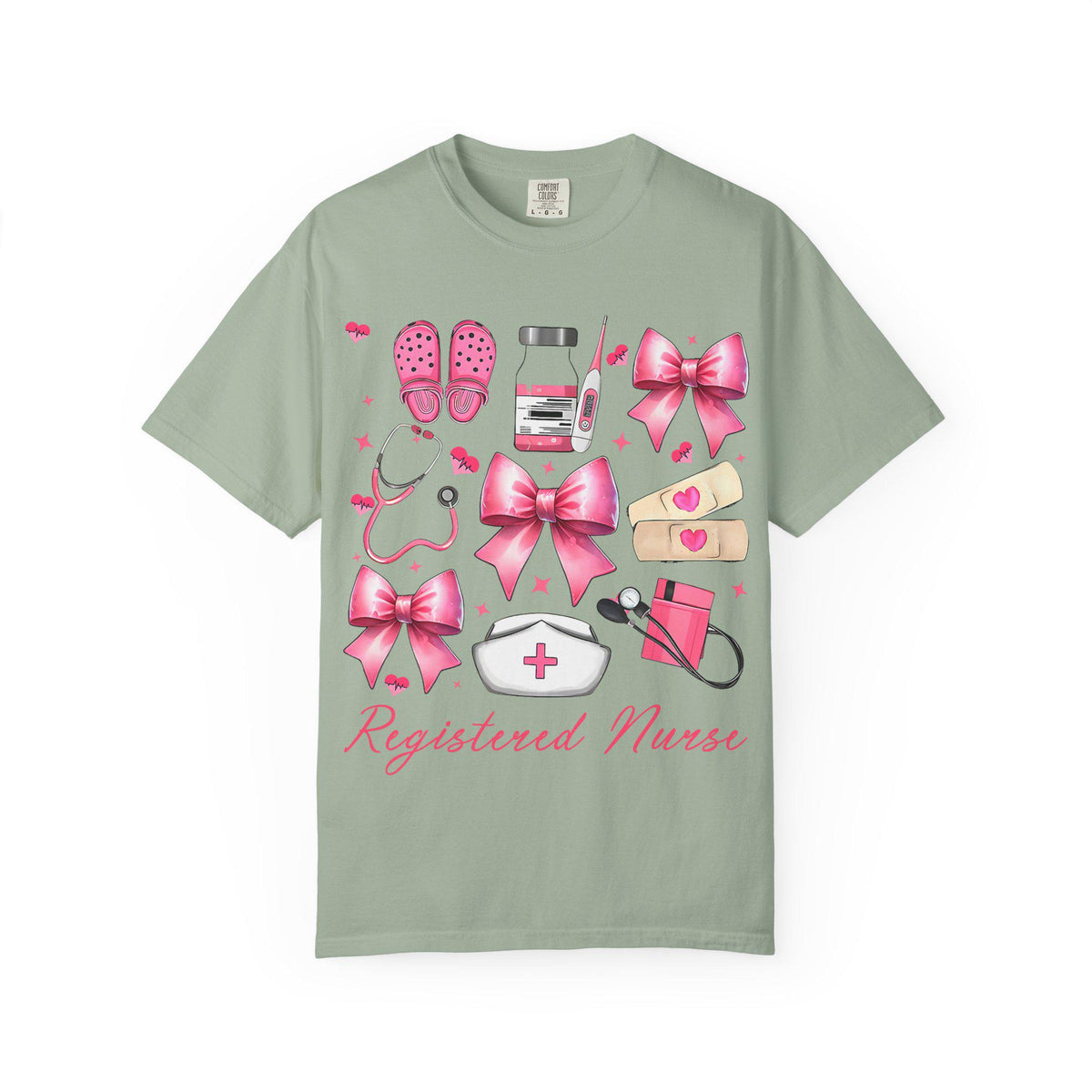 Registered Nurse Illustration T-shirt | Pink Medical Icons, Stethoscope, Bandages, Nurse Cap