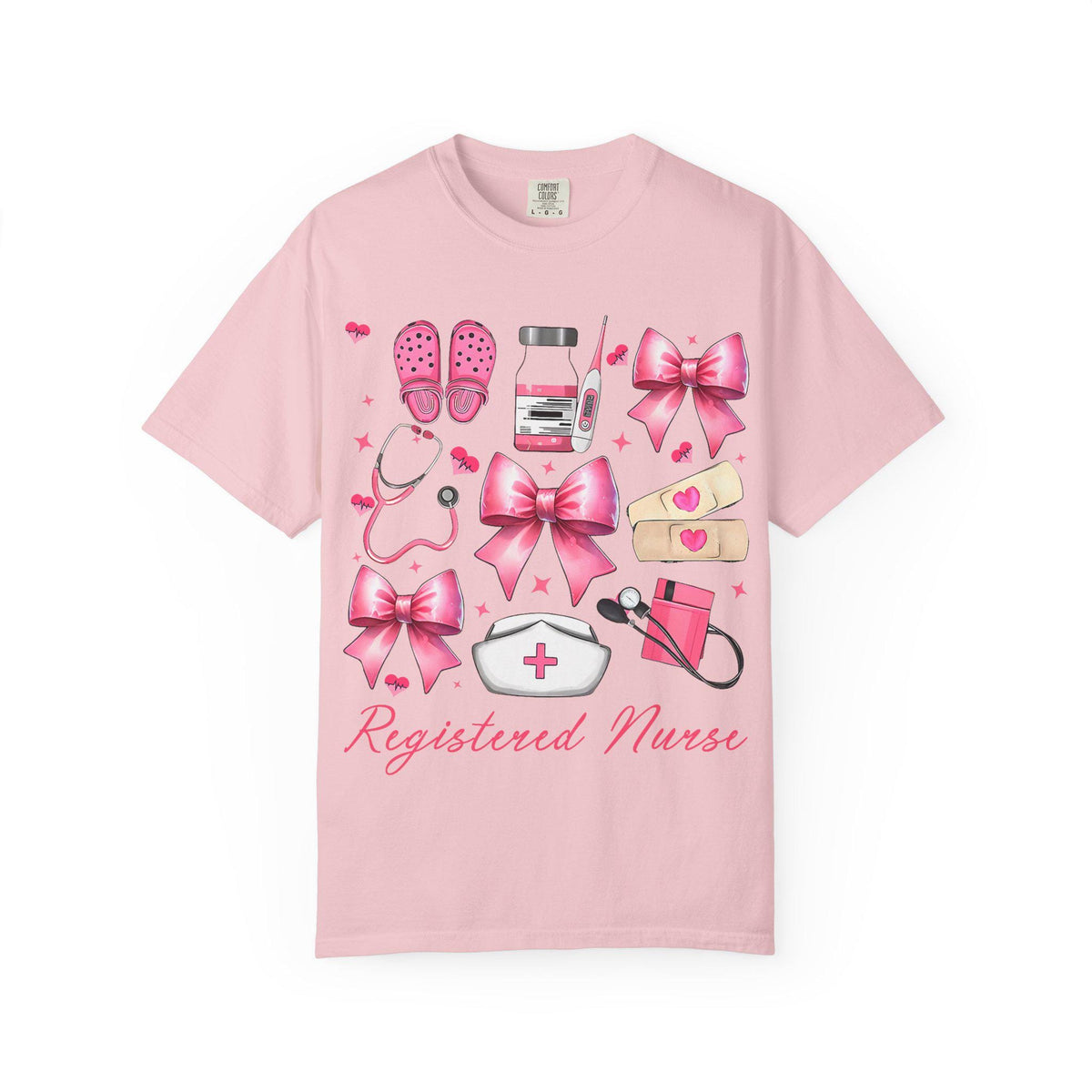 Registered Nurse Illustration T-shirt | Pink Medical Icons, Stethoscope, Bandages, Nurse Cap