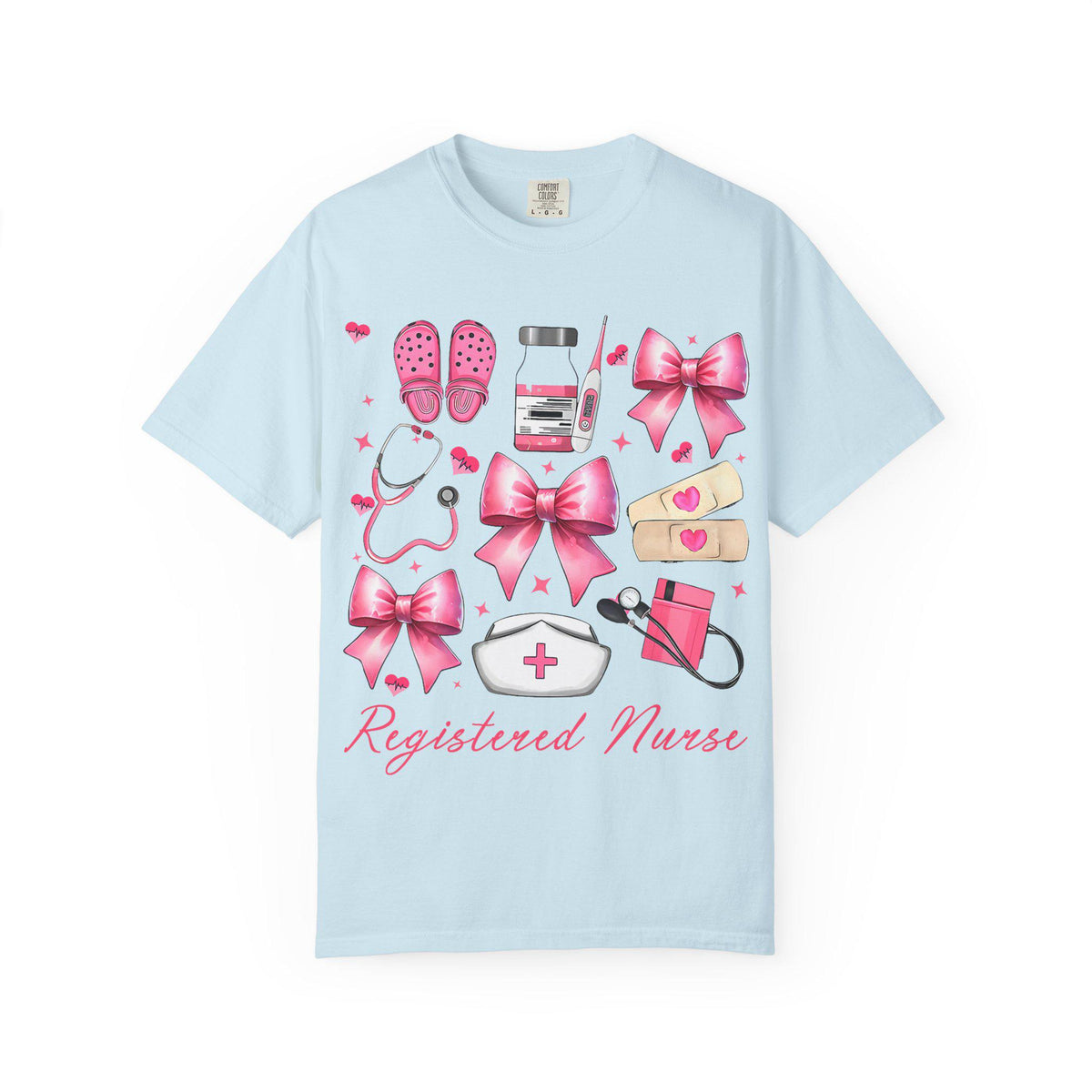 Registered Nurse Illustration T-shirt | Pink Medical Icons, Stethoscope, Bandages, Nurse Cap