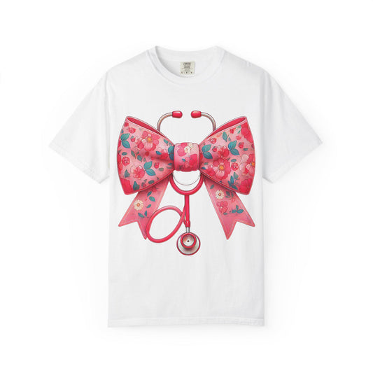 Floral Bow Stethoscope T-Shirt | Nurse Medical Scrub Style