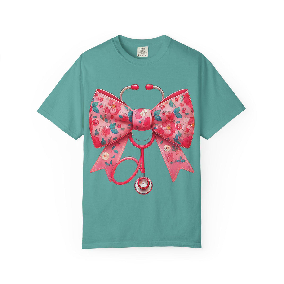 Floral Bow Stethoscope T-Shirt | Nurse Medical Scrub Style