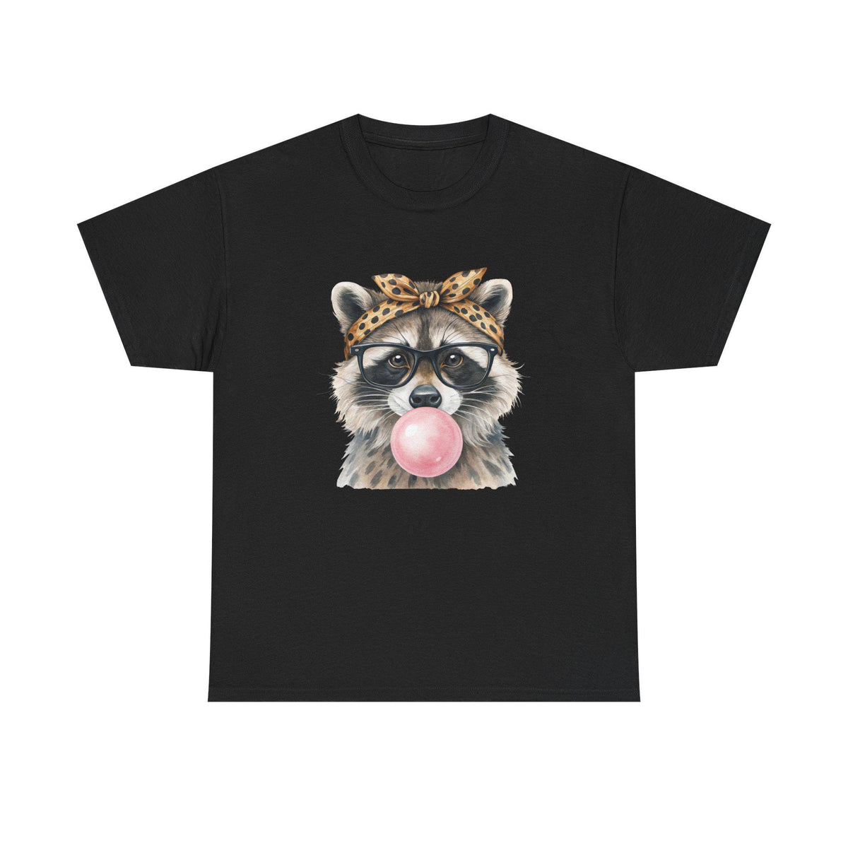 Raccoon Bubblegum Tee | Hand-Drawn Animal Illustration, Leopard Headband, Glasses