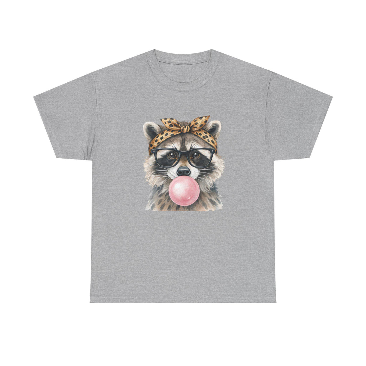 Raccoon Bubblegum Tee | Hand-Drawn Animal Illustration, Leopard Headband, Glasses