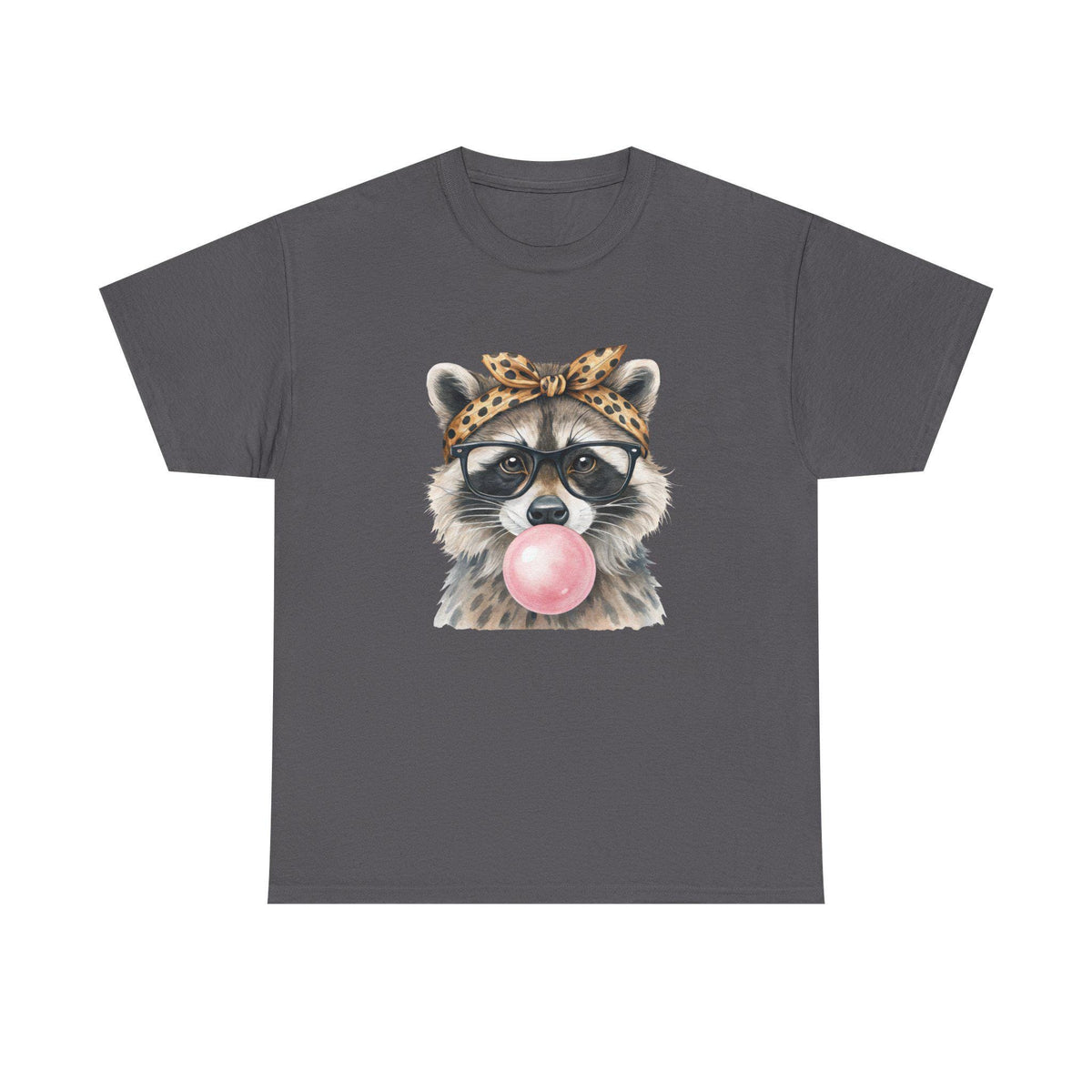 Raccoon Bubblegum Tee | Hand-Drawn Animal Illustration, Leopard Headband, Glasses