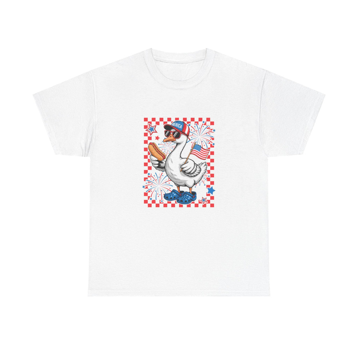 Patriotic Goose Holding Hotdog T-Shirt | American Flag Checkered Design