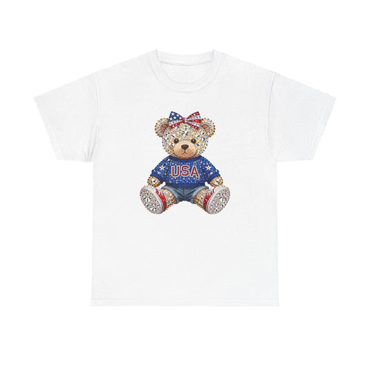 Patriotic Teddy Bear USA Tee | American Flag Bow T-Shirt