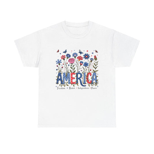 America floral patriotic T-Shirt | red blue flowers, freedom independence