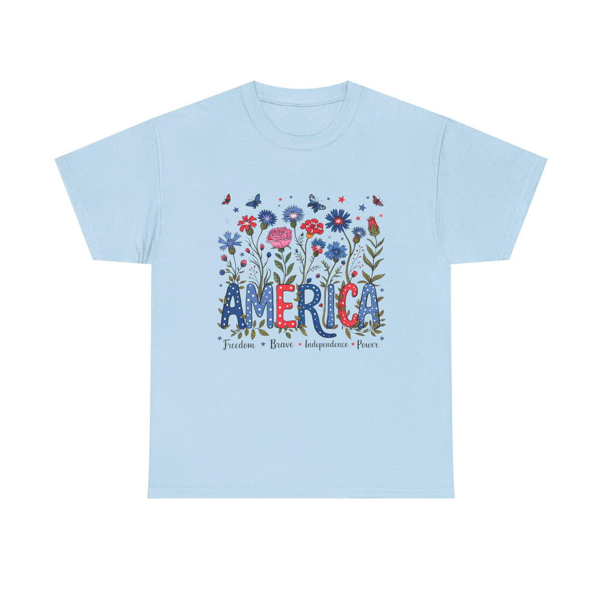 America floral patriotic T-Shirt | red blue flowers, freedom independence