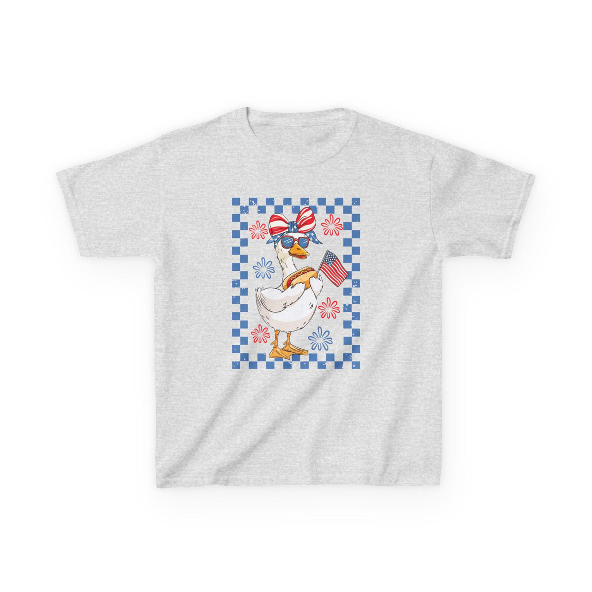 Patriotic Duck Kids Tee | American Flag Bandana, Checkered Quilt Border