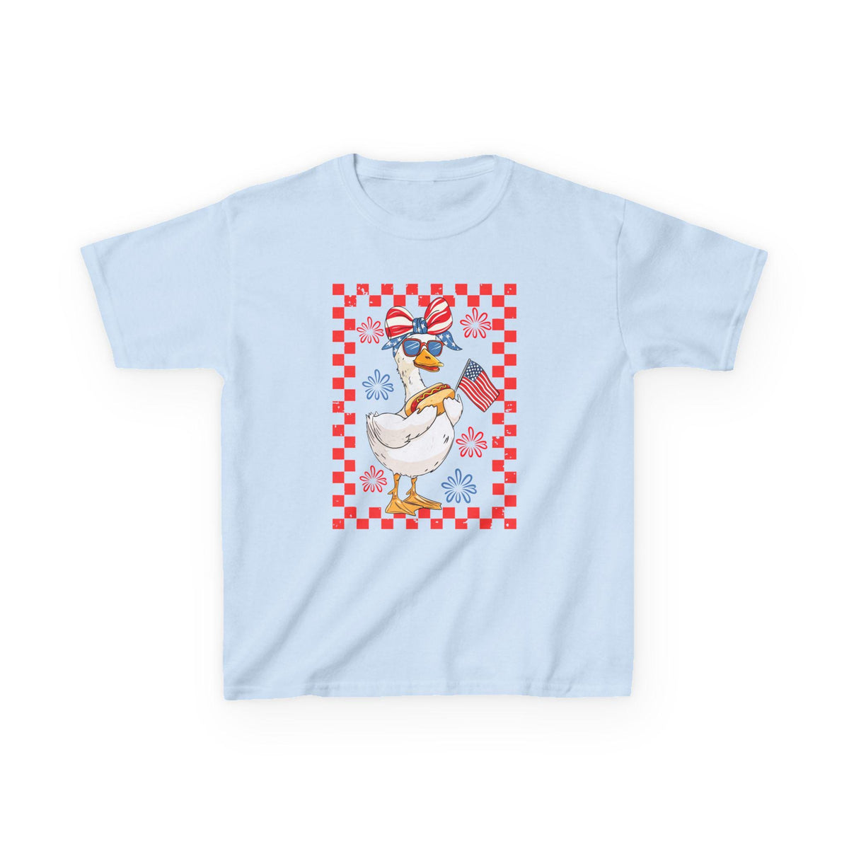 Patriotic Duck Holding Flag Kids Tee | Red Checkered Border, Sunglasses