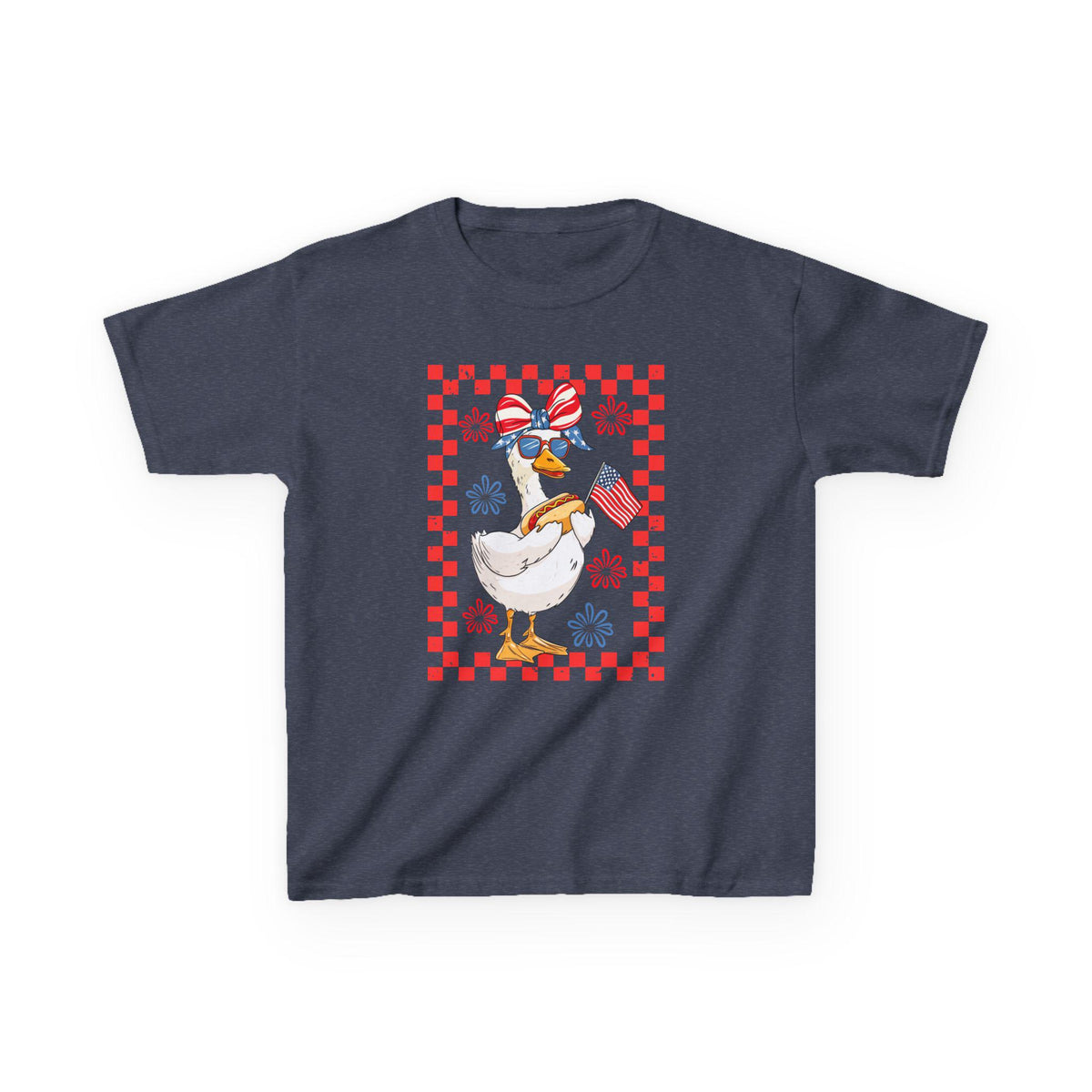 Patriotic Duck Holding Flag Kids Tee | Red Checkered Border, Sunglasses