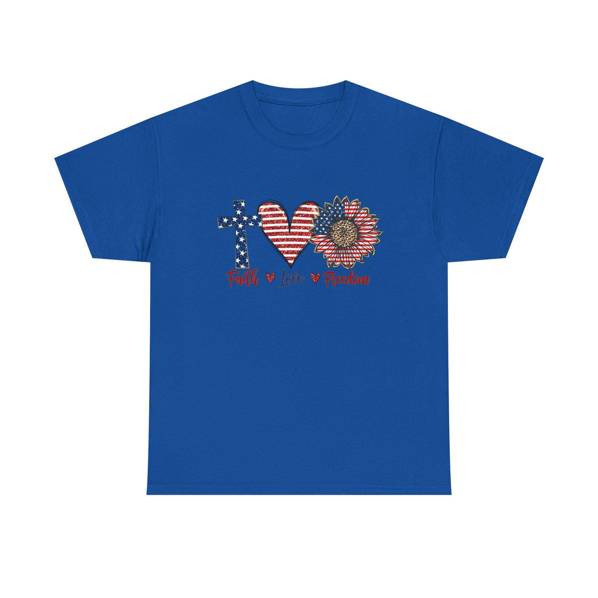 Faith Love Freedom T-Shirt | Patriotic Cross Heart Sunflower, American Flag Design