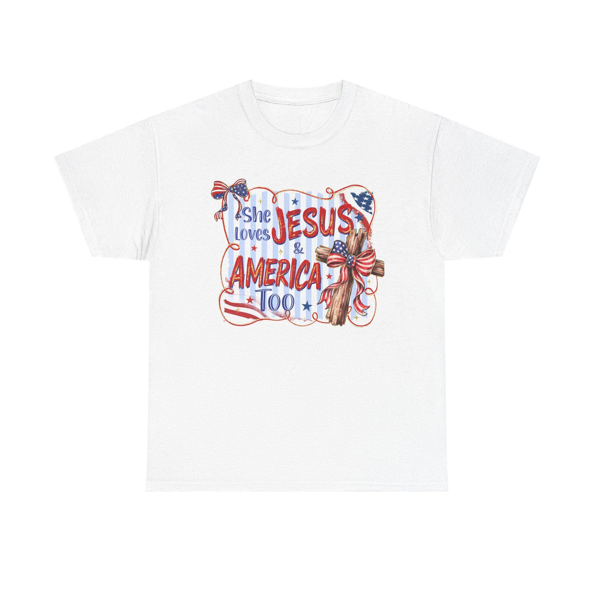 She Loves Jesus & America Too Tee | Patriotic Christian Flag Cross Design