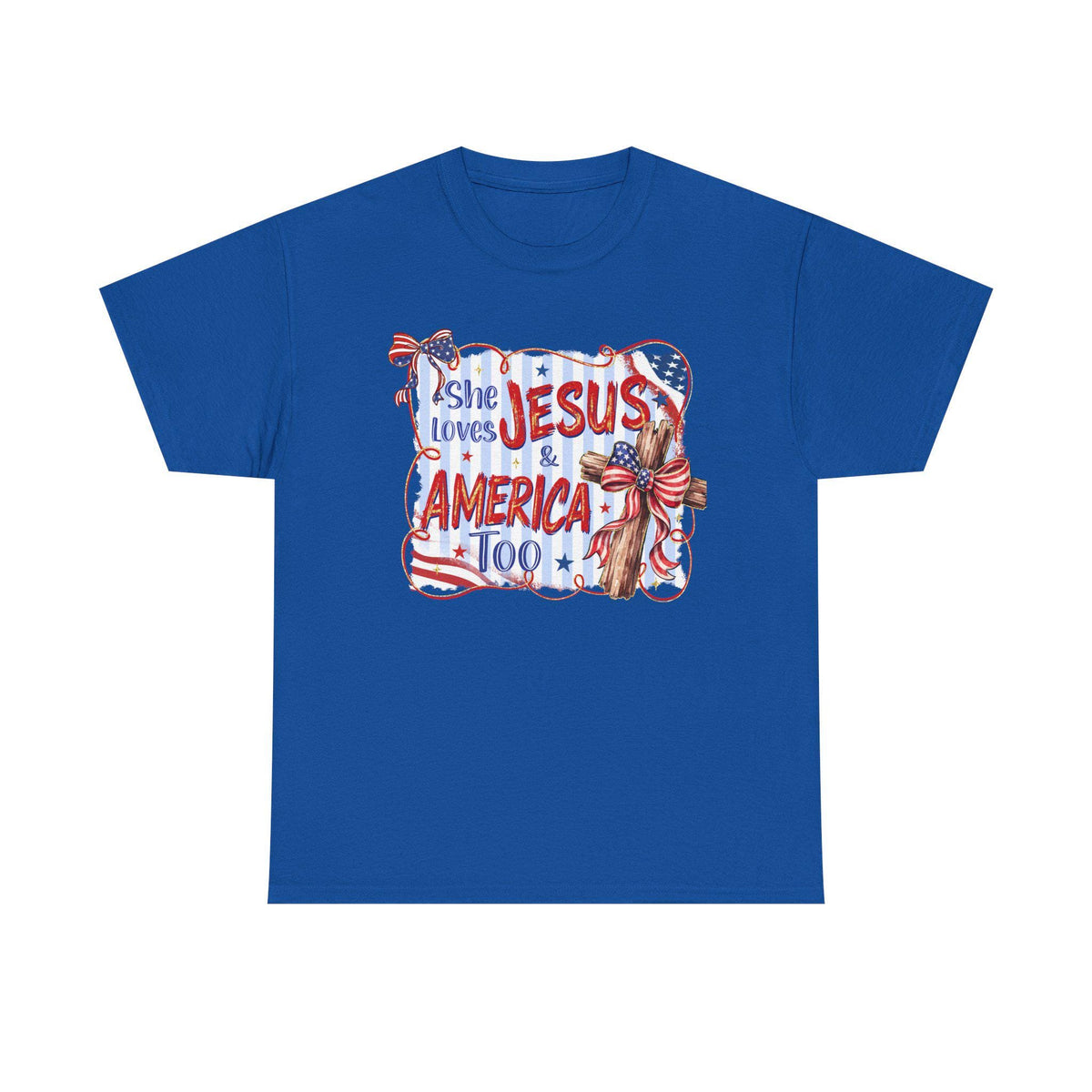 She Loves Jesus & America Too Tee | Patriotic Christian Flag Cross Design