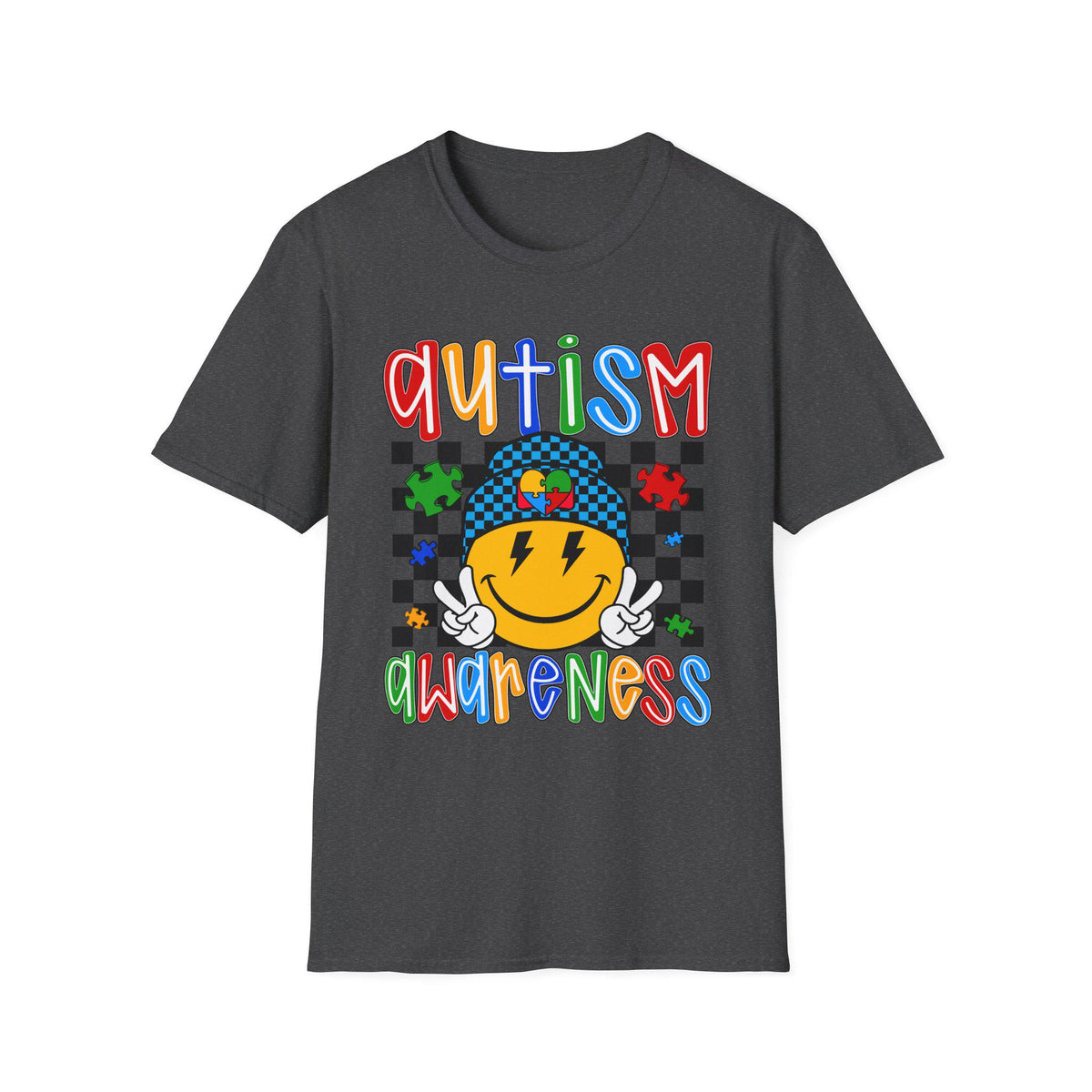 Autism Awareness Smiley Face T-Shirt | Puzzle Heart Checkerboard