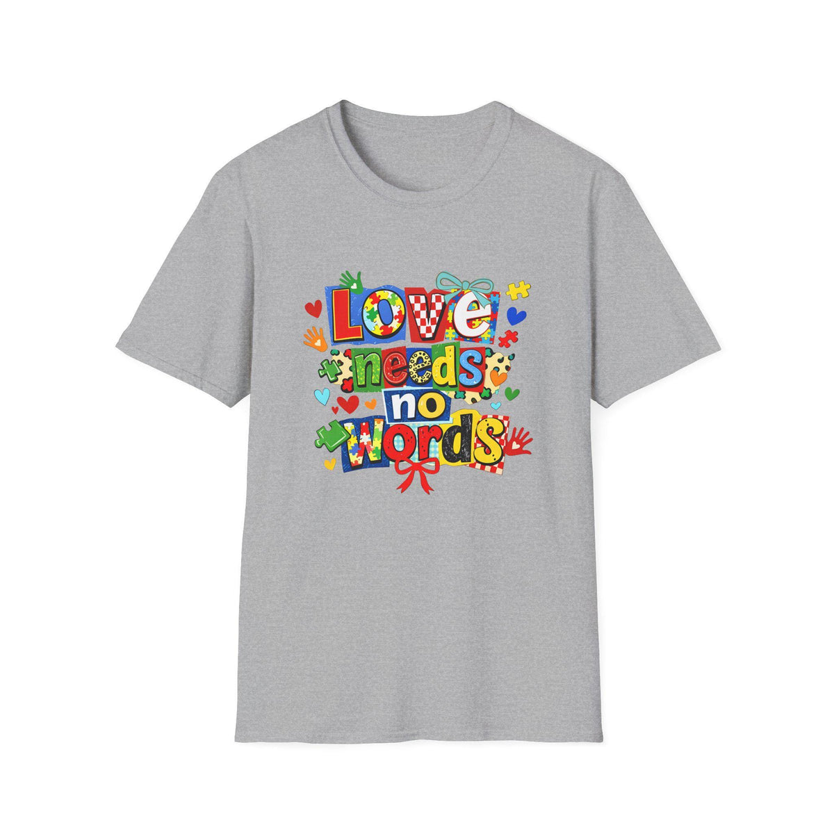 Love Needs No Words T-Shirt | Colorful Handprint Heart Illustration