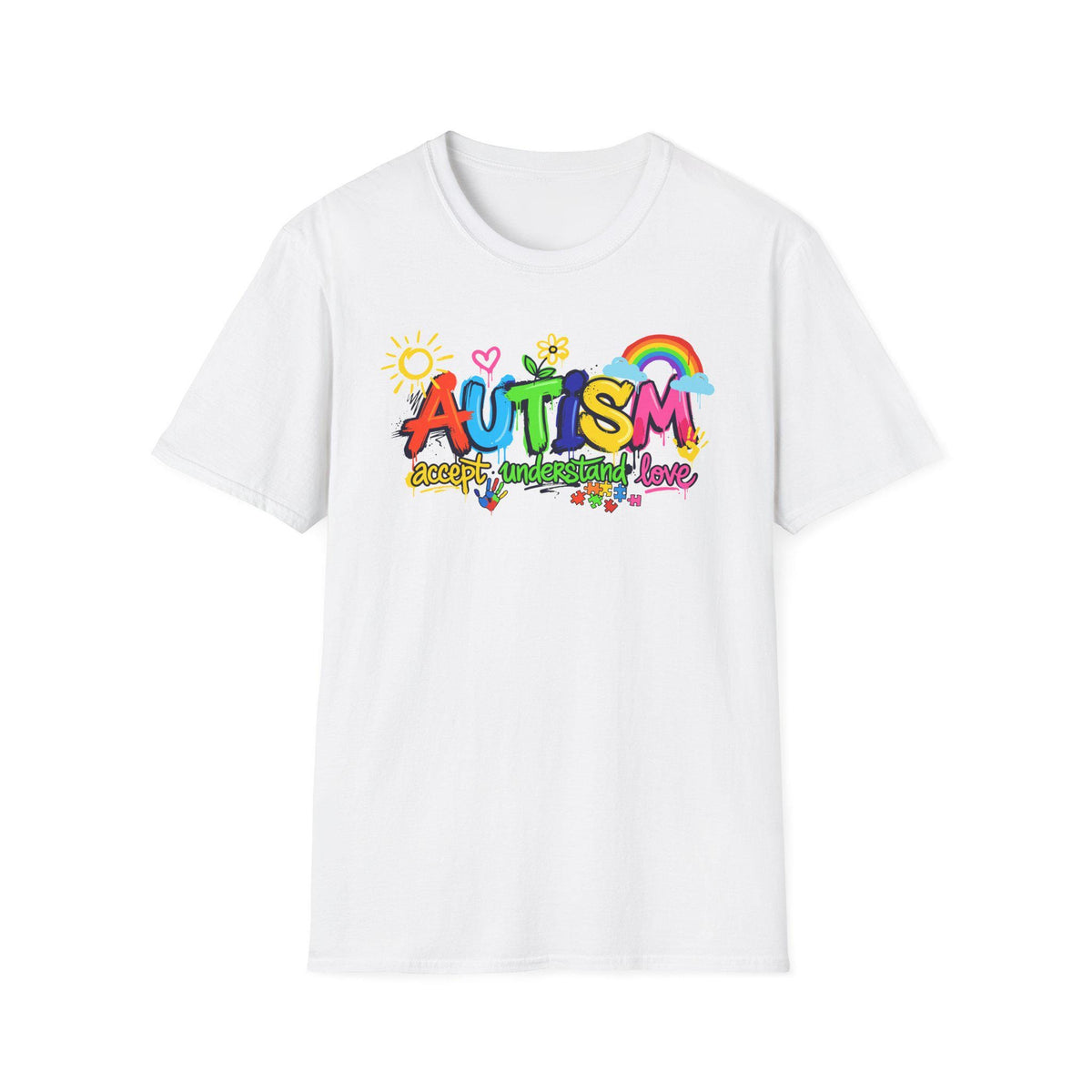 Autism Awareness colorful text T-Shirt | rainbow puzzle heart design