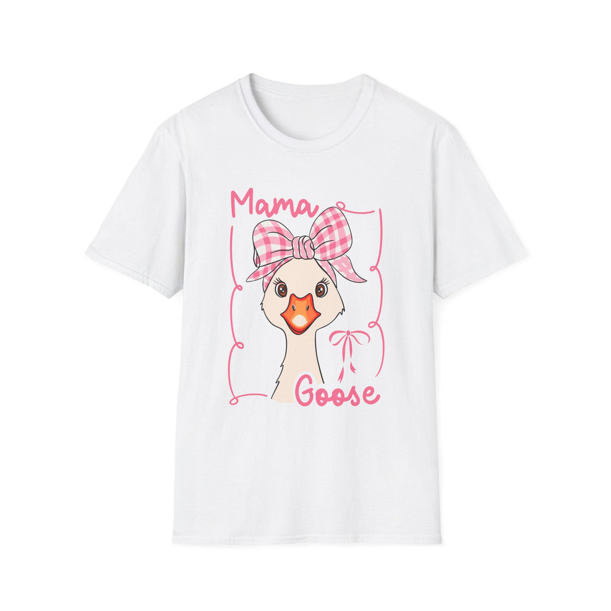 Mama Goose T-Shirt | Whimsical Goose Illustration, Pink Gingham Bow