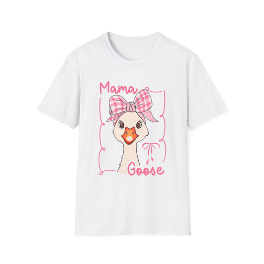 Mama Goose T-Shirt | Whimsical Goose Illustration, Pink Gingham Bow