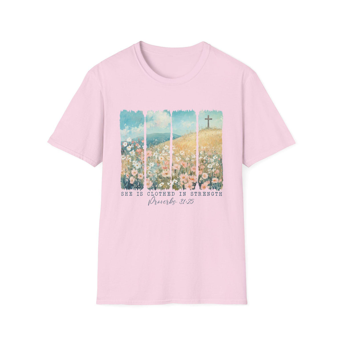 Scripture Floral Cross T-Shirt | Proverbs 31:25 faith tee, spring floral design