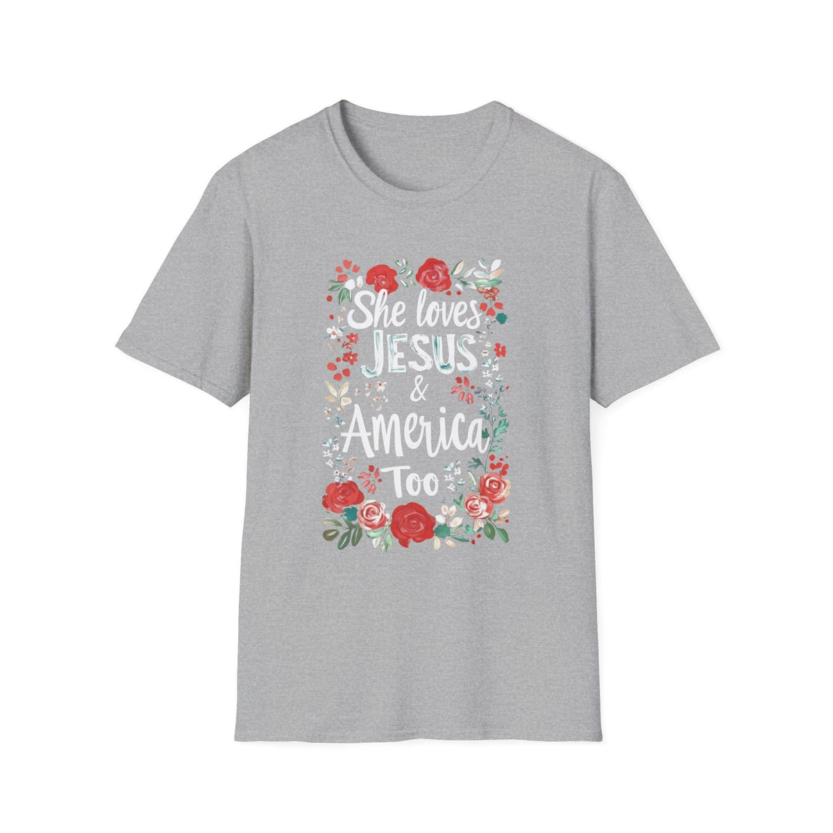 She Loves Jesus & America Too T-Shirt | Floral Patriotic Faith Tee