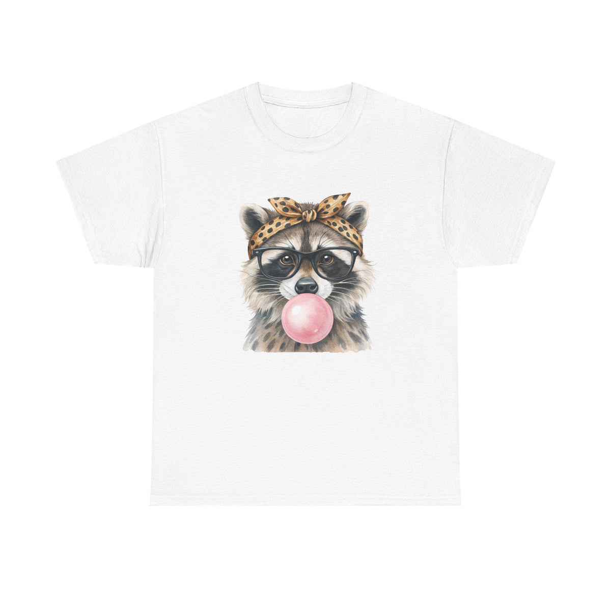 Raccoon Bubblegum Tee | Hand-Drawn Animal Illustration, Leopard Headband, Glasses