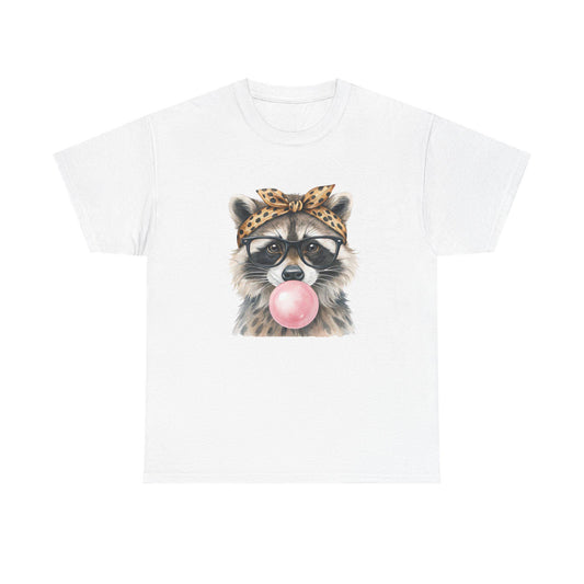 Raccoon Bubblegum Tee | Hand-Drawn Animal Illustration, Leopard Headband, Glasses