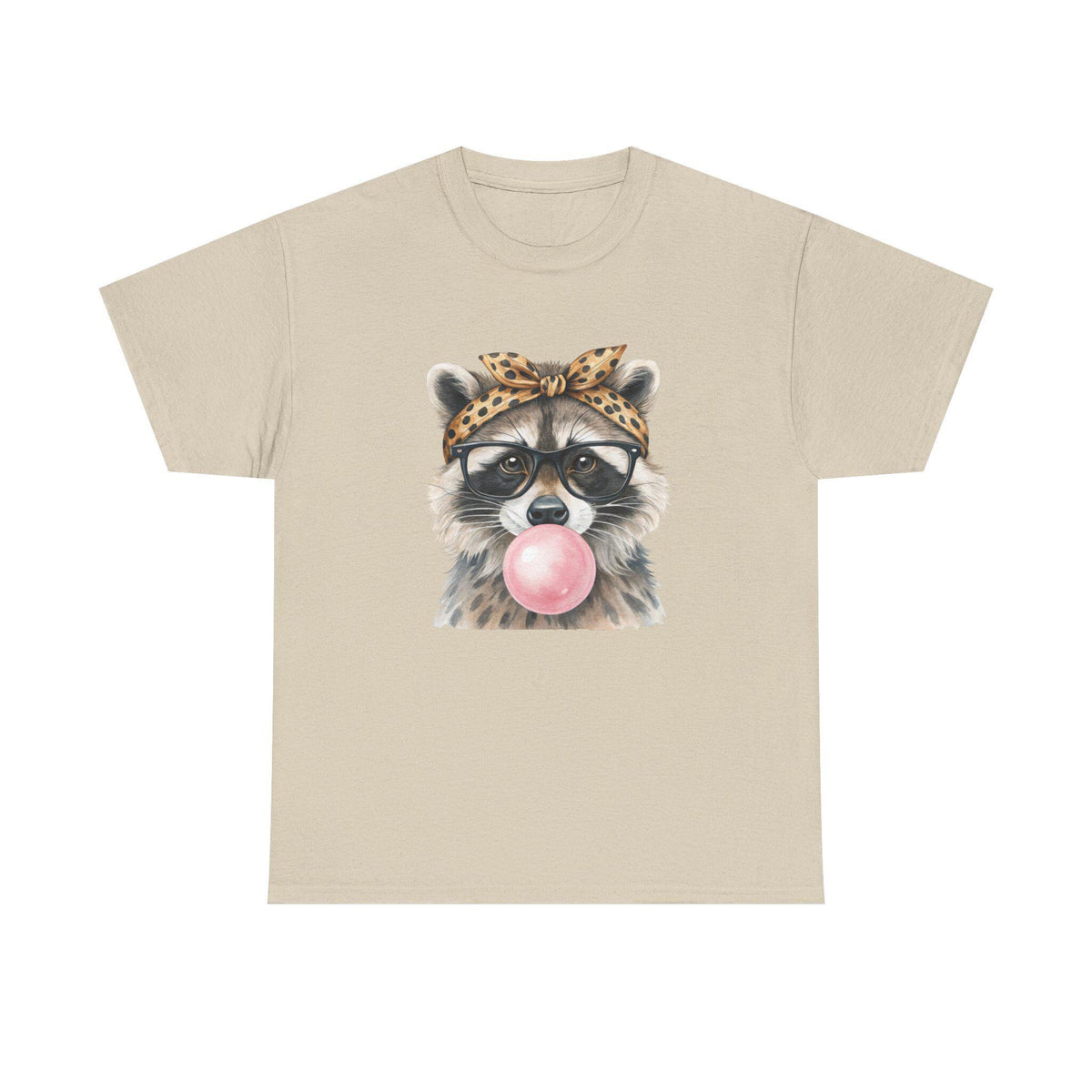 Raccoon Bubblegum Tee | Hand-Drawn Animal Illustration, Leopard Headband, Glasses