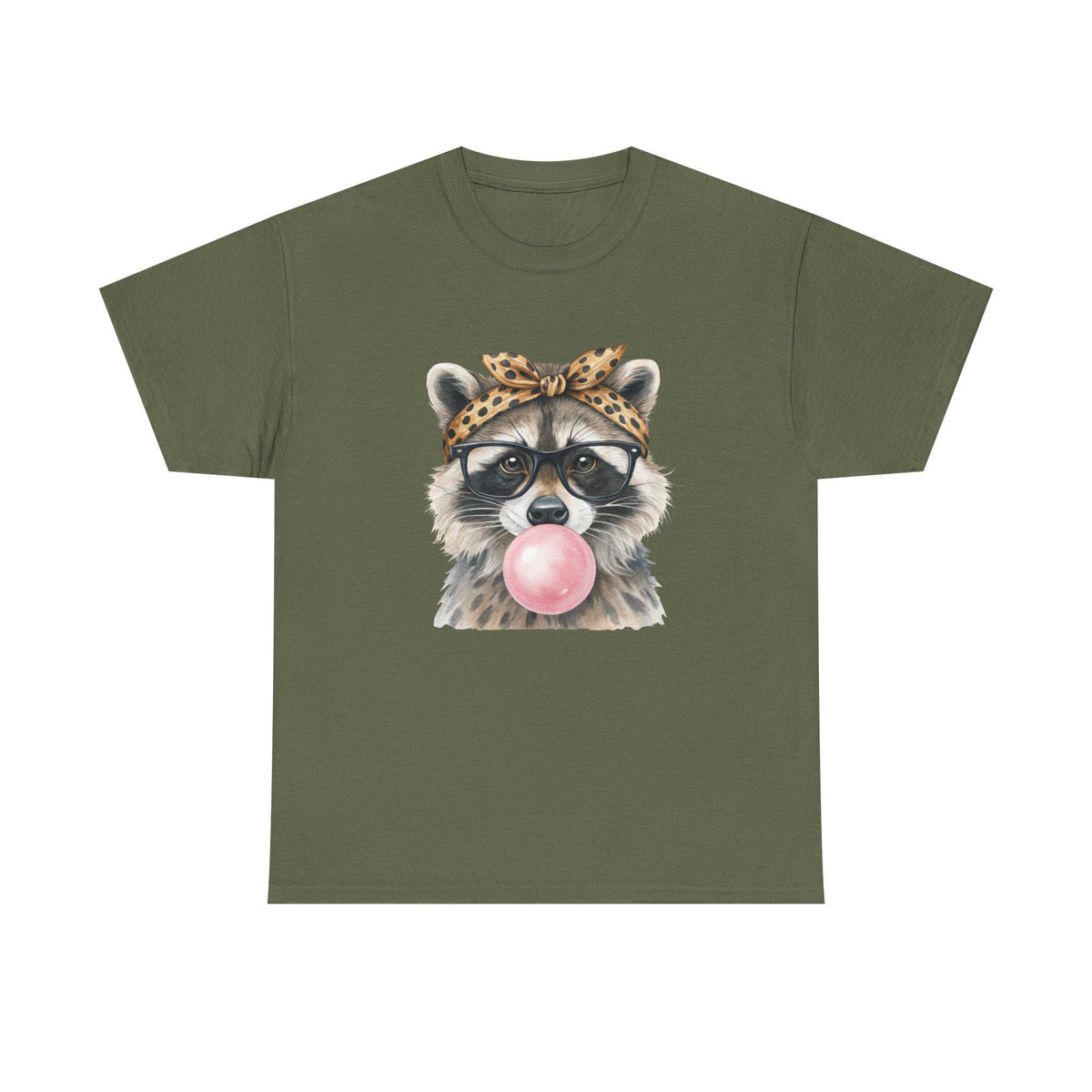 Raccoon Bubblegum Tee | Hand-Drawn Animal Illustration, Leopard Headband, Glasses