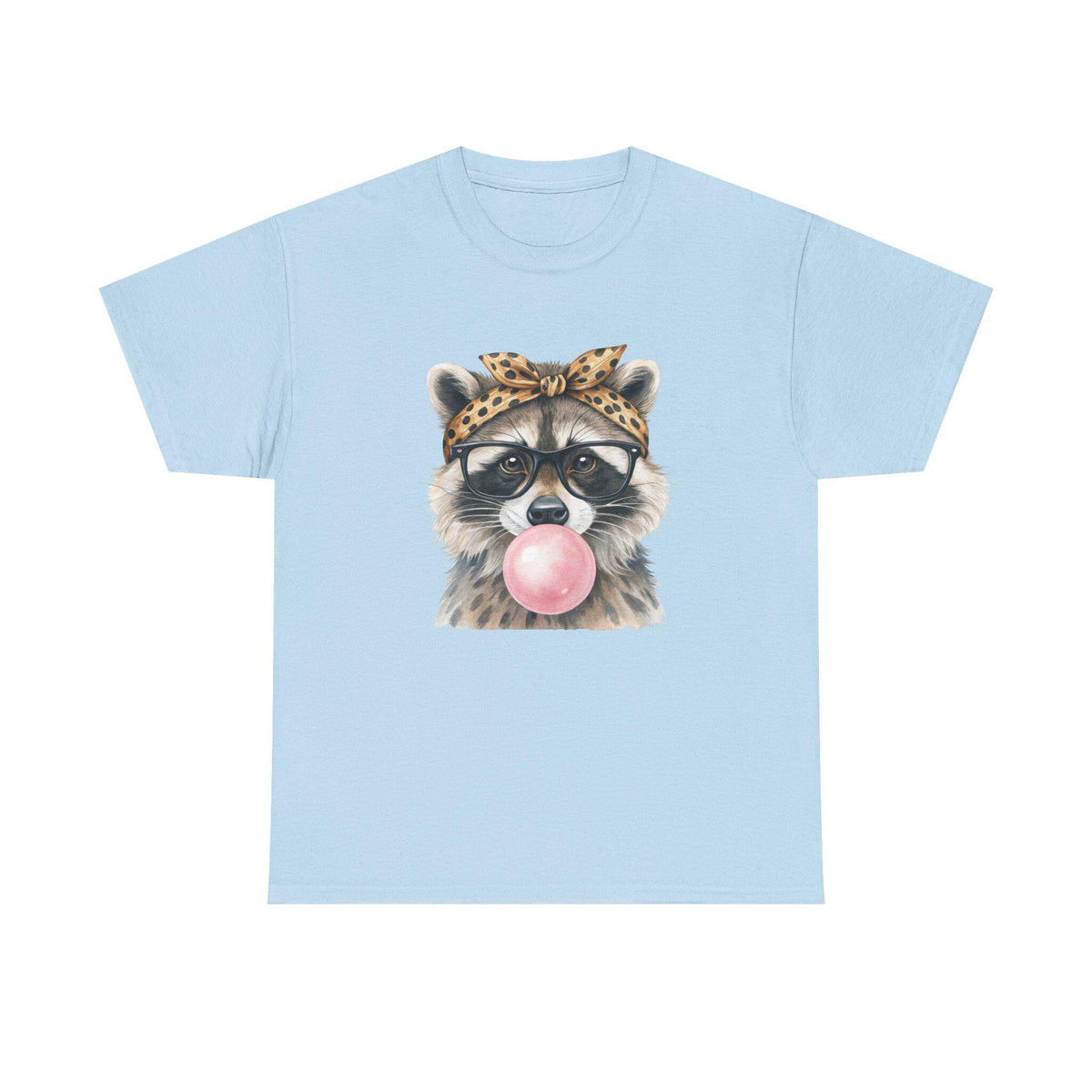 Raccoon Bubblegum Tee | Hand-Drawn Animal Illustration, Leopard Headband, Glasses