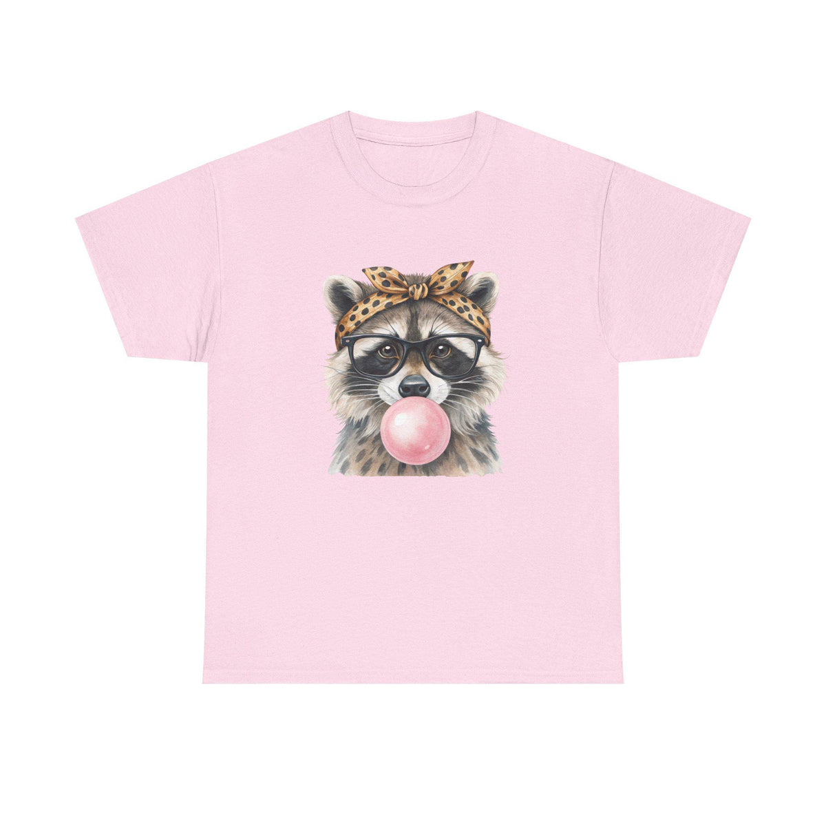 Raccoon Bubblegum Tee | Hand-Drawn Animal Illustration, Leopard Headband, Glasses