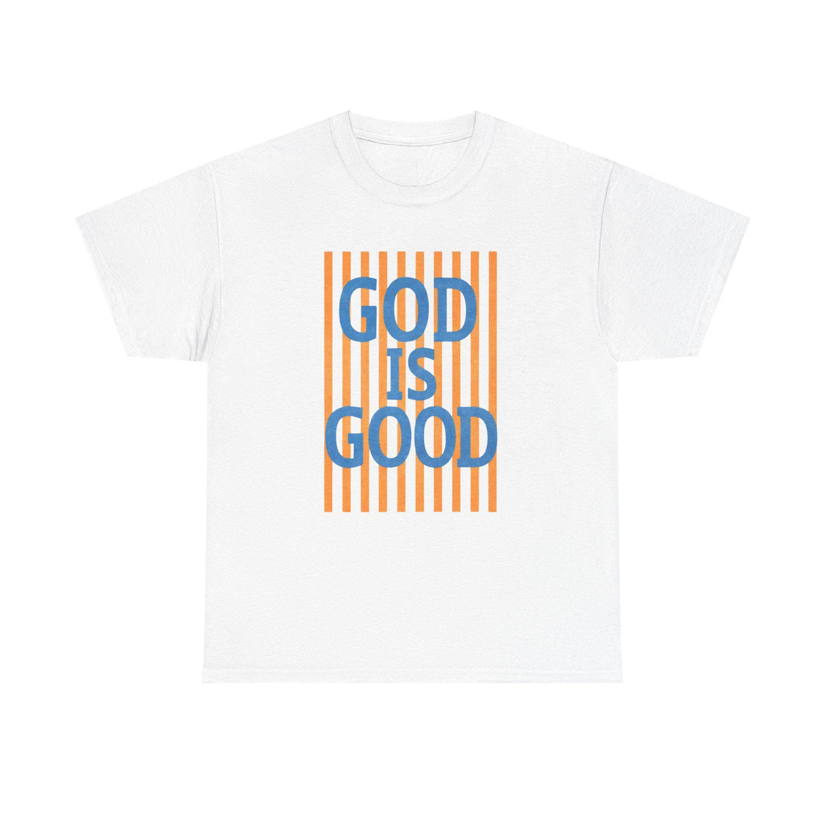 God Is Good T-Shirt | Retro Orange Stripes, Blue Lettering