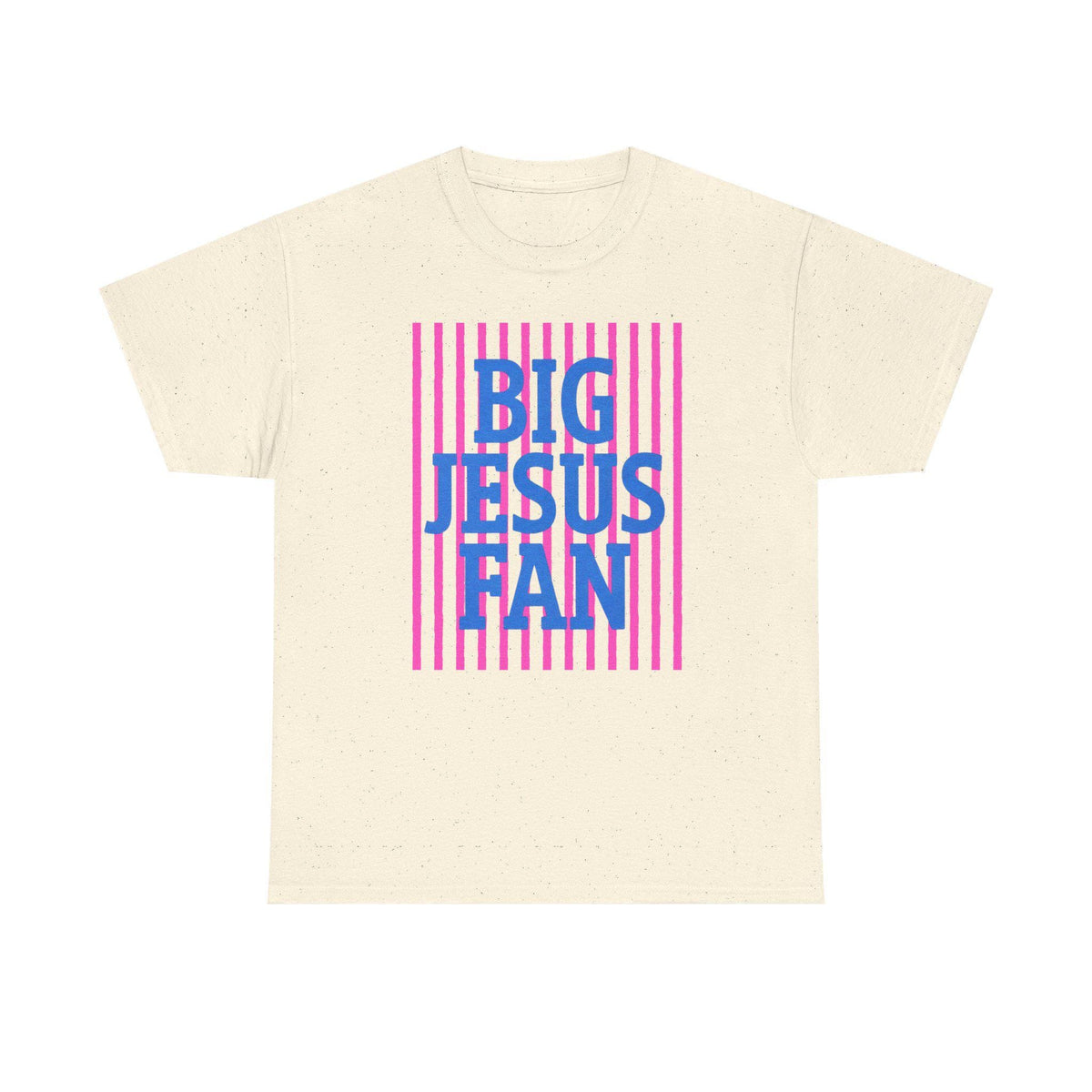 Big Jesus Fan Tee | Blue Text Pink Stripes Christian Faith Shirt