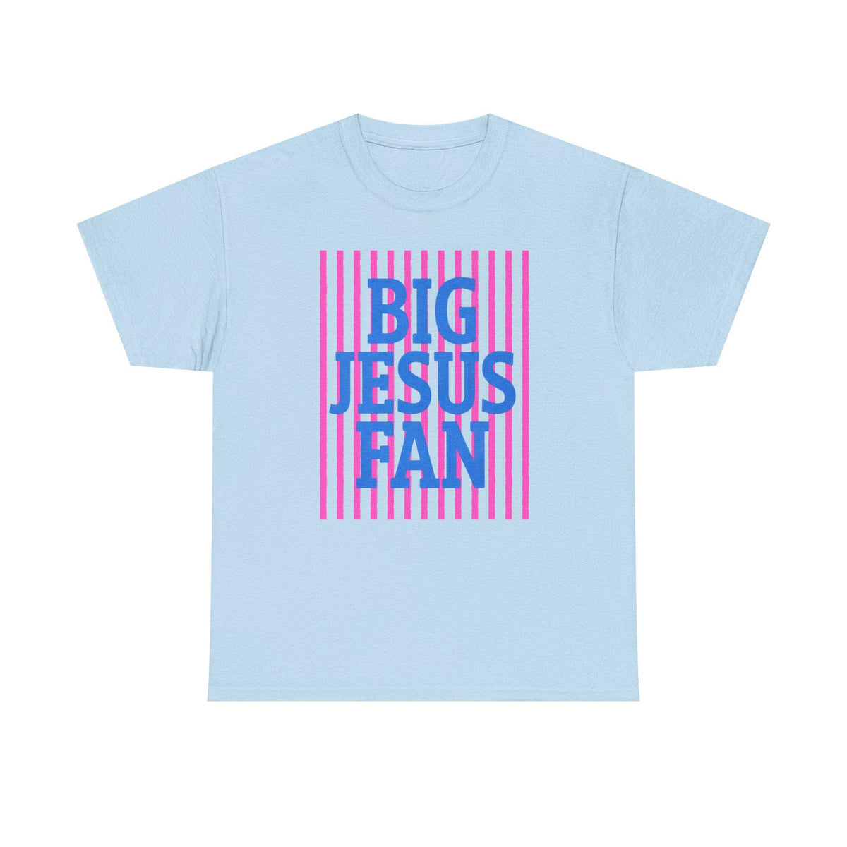 Big Jesus Fan Tee | Blue Text Pink Stripes Christian Faith Shirt