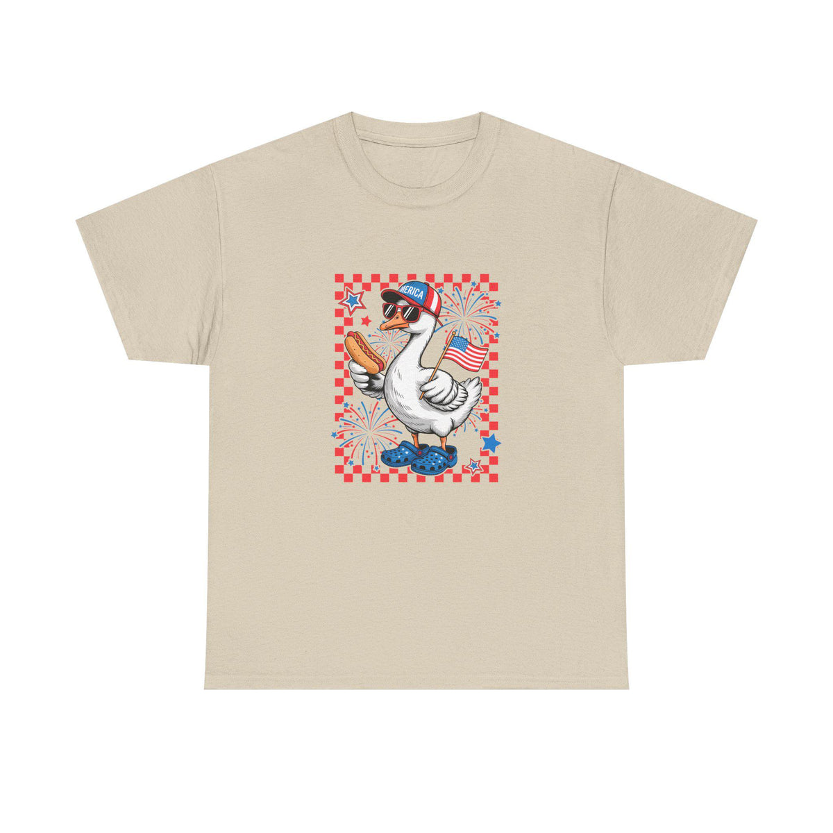 Patriotic Goose Holding Hotdog T-Shirt | American Flag Checkered Design