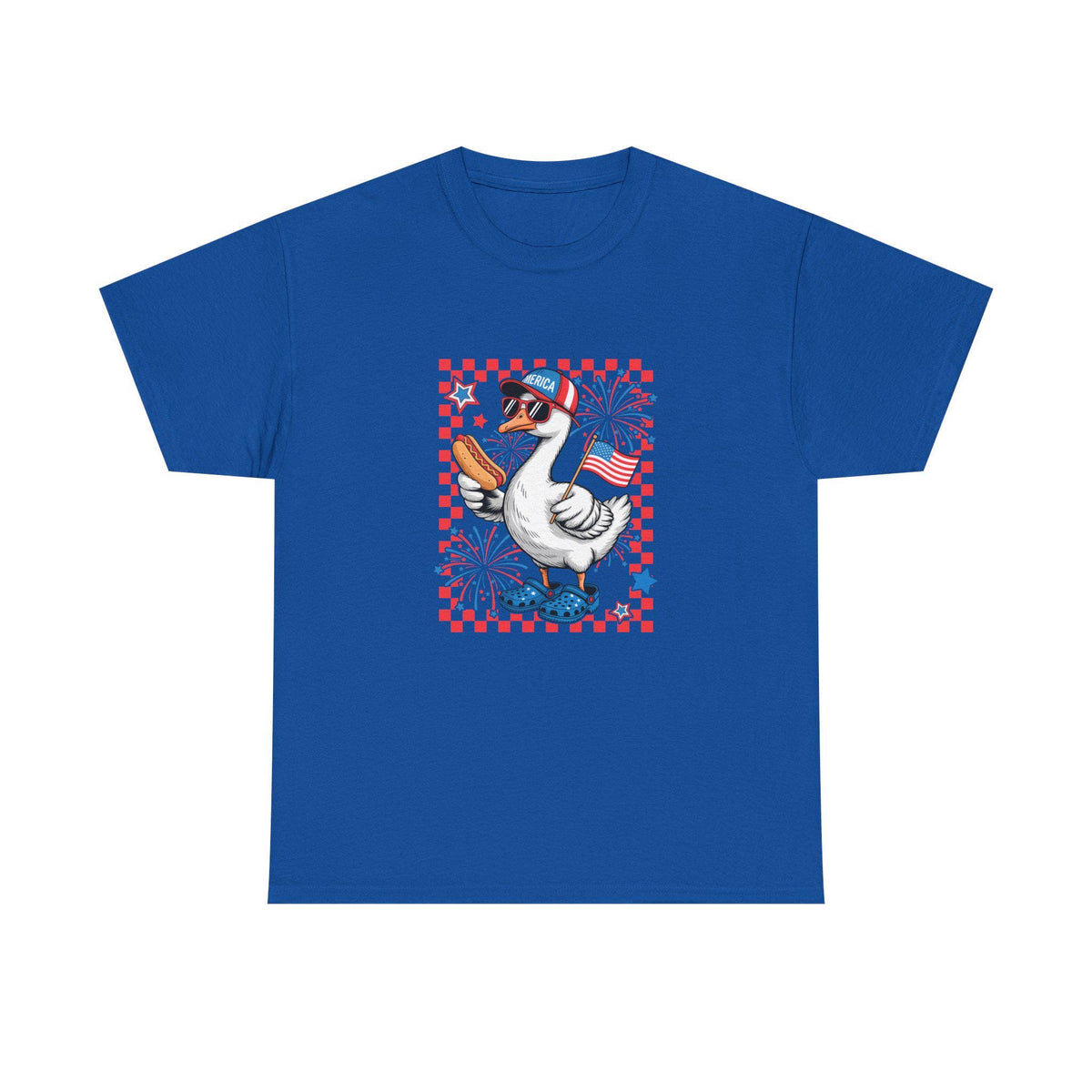 Patriotic Goose Holding Hotdog T-Shirt | American Flag Checkered Design