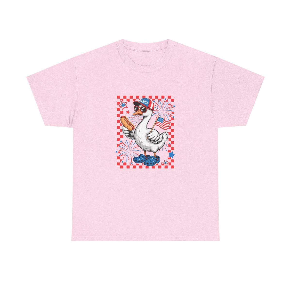 Patriotic Goose Holding Hotdog T-Shirt | American Flag Checkered Design