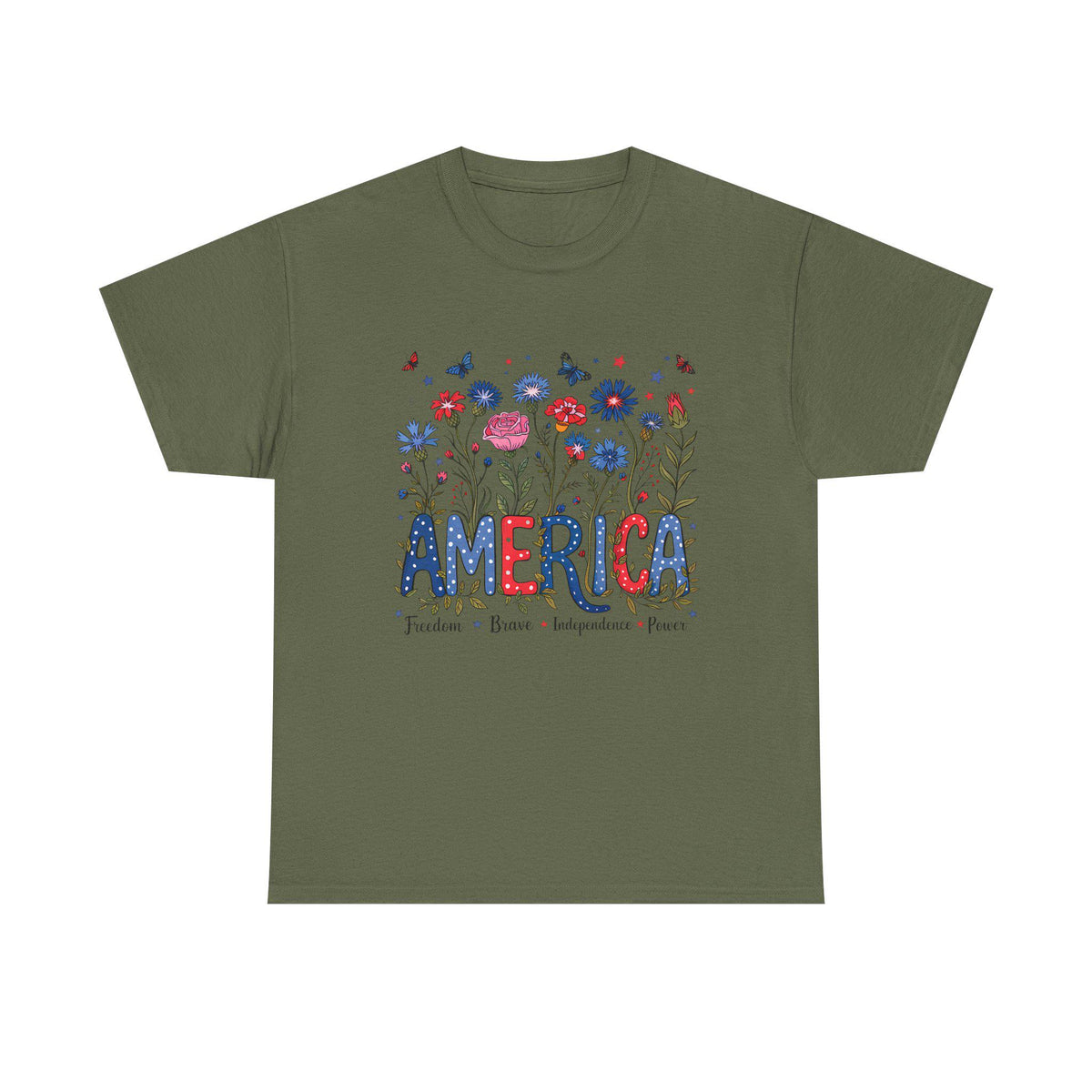 America floral patriotic T-Shirt | red blue flowers, freedom independence