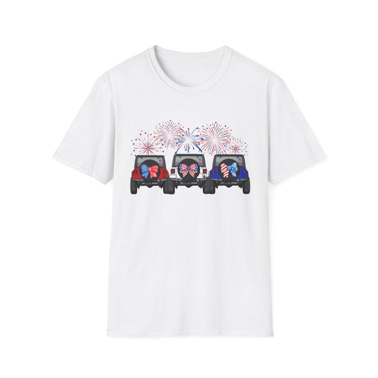 Three Jeeps with Fireworks T-Shirt | Patriotic 4th of July Graphic