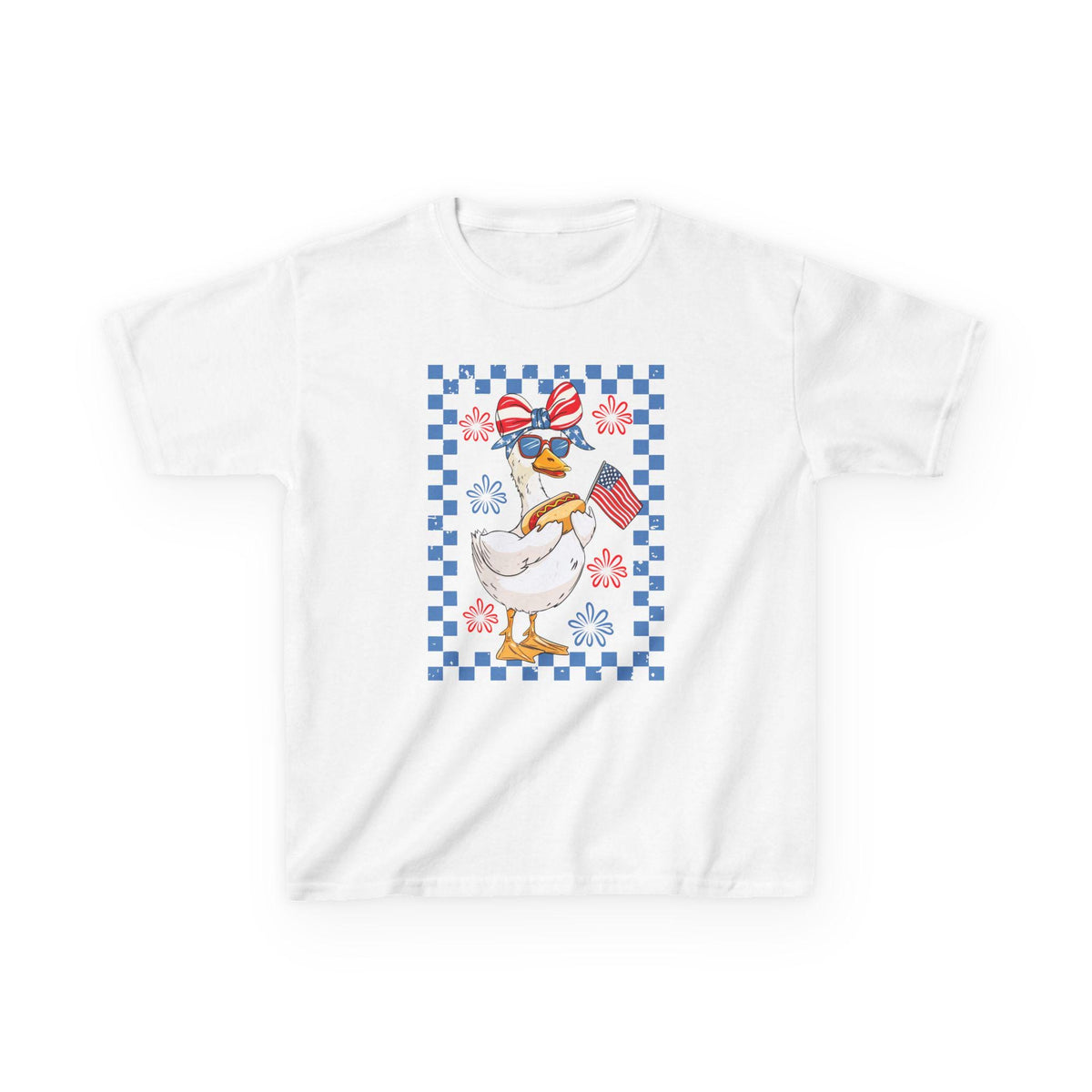 Patriotic Duck Kids Tee | American Flag Bandana, Checkered Quilt Border