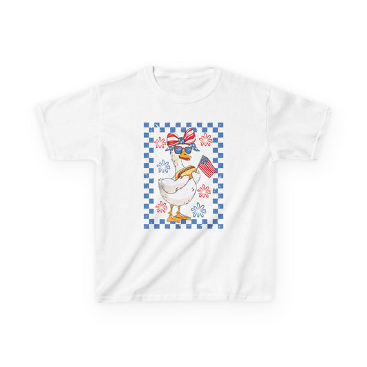 Patriotic Duck Kids Tee | American Flag Bandana, Checkered Quilt Border