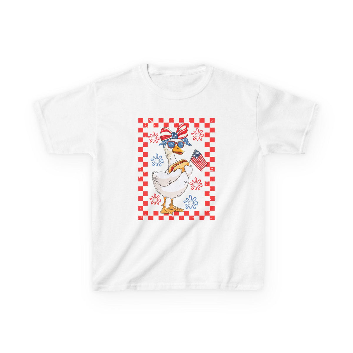 Patriotic Duck Holding Flag Kids Tee | Red Checkered Border, Sunglasses
