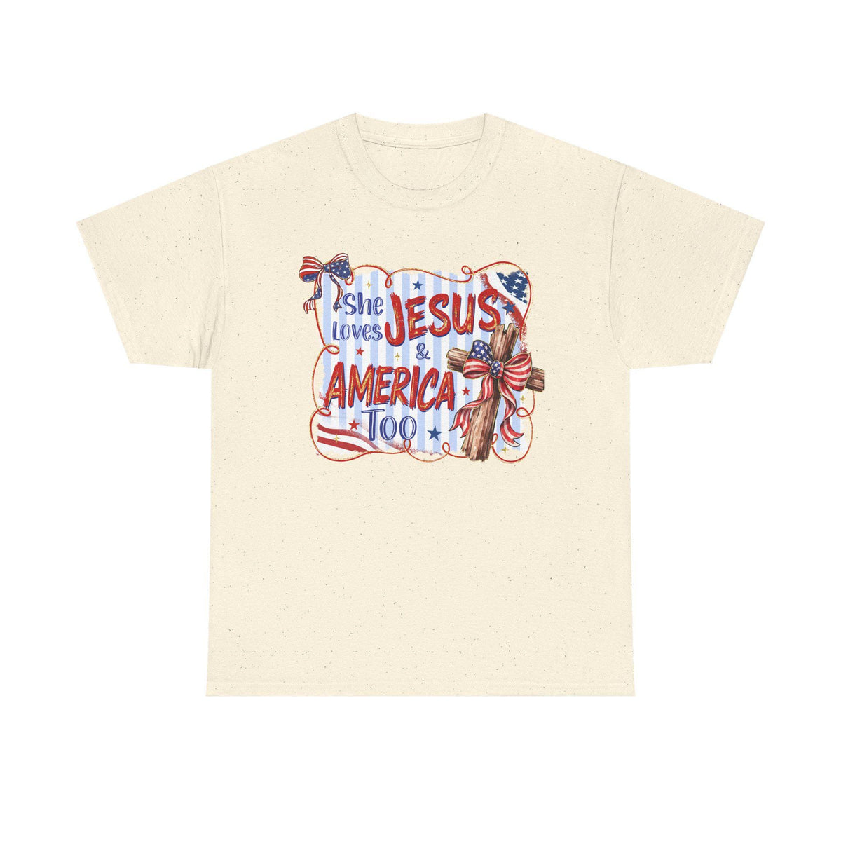 She Loves Jesus & America Too Tee | Patriotic Christian Flag Cross Design