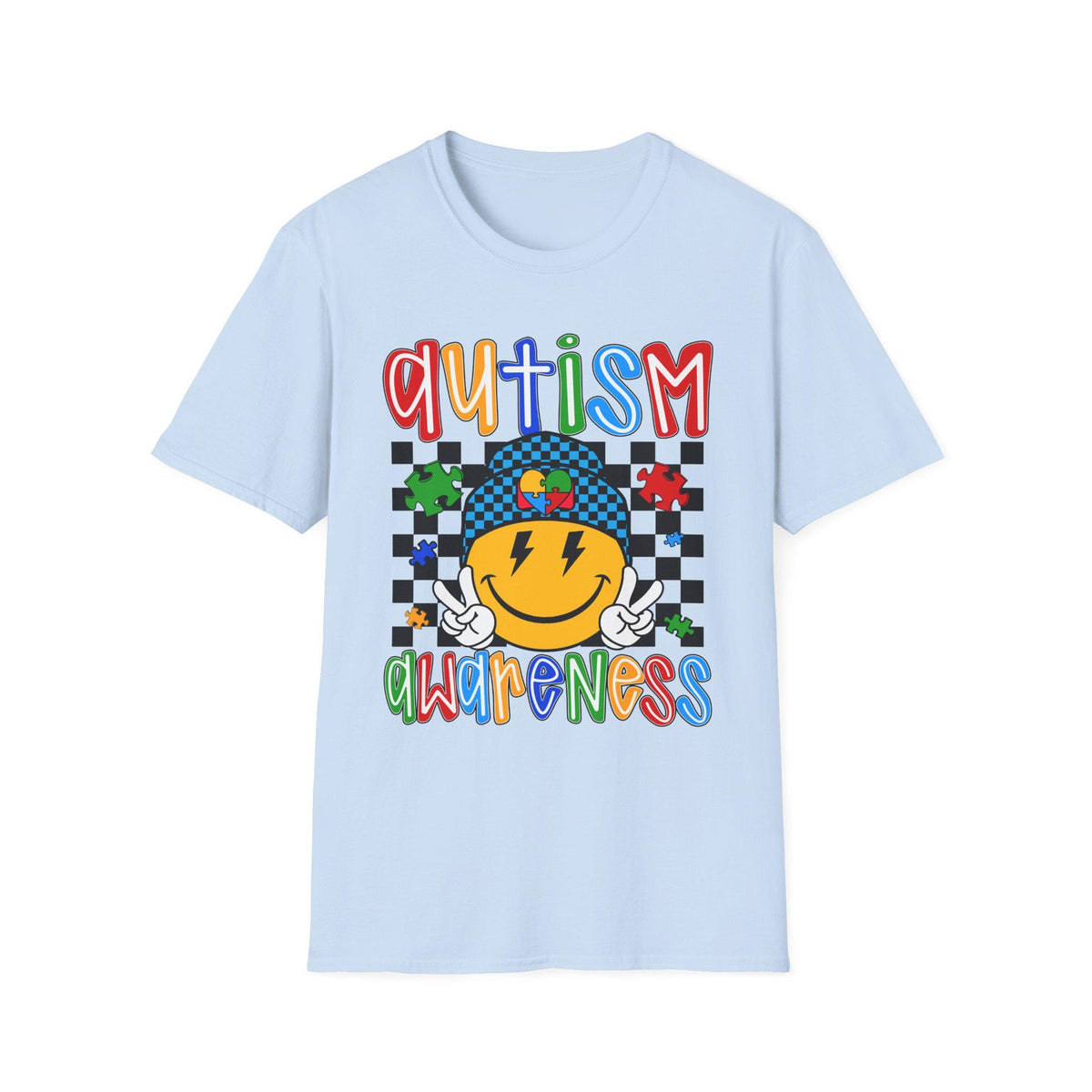 Autism Awareness Smiley Face T-Shirt | Puzzle Heart Checkerboard