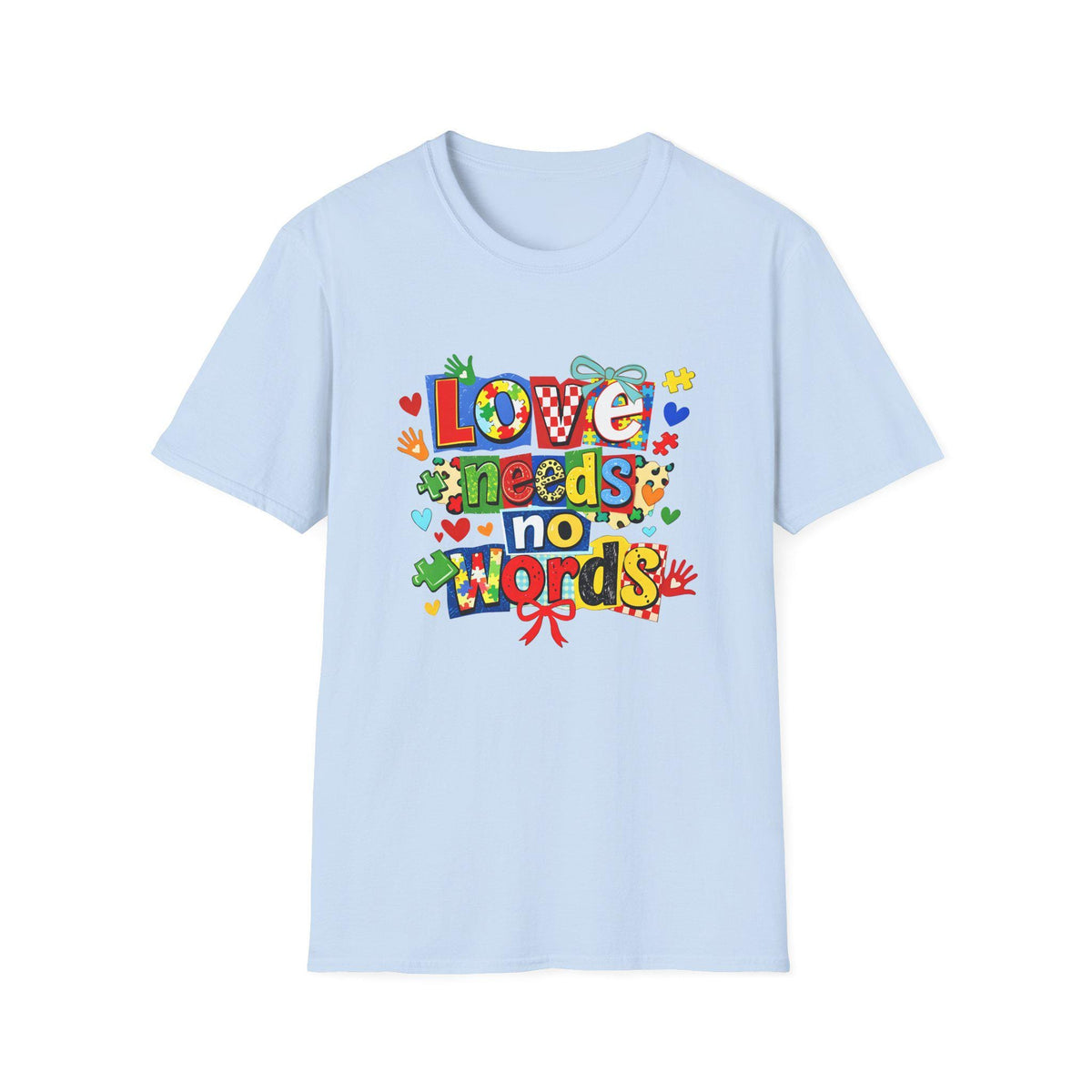 Love Needs No Words T-Shirt | Colorful Handprint Heart Illustration