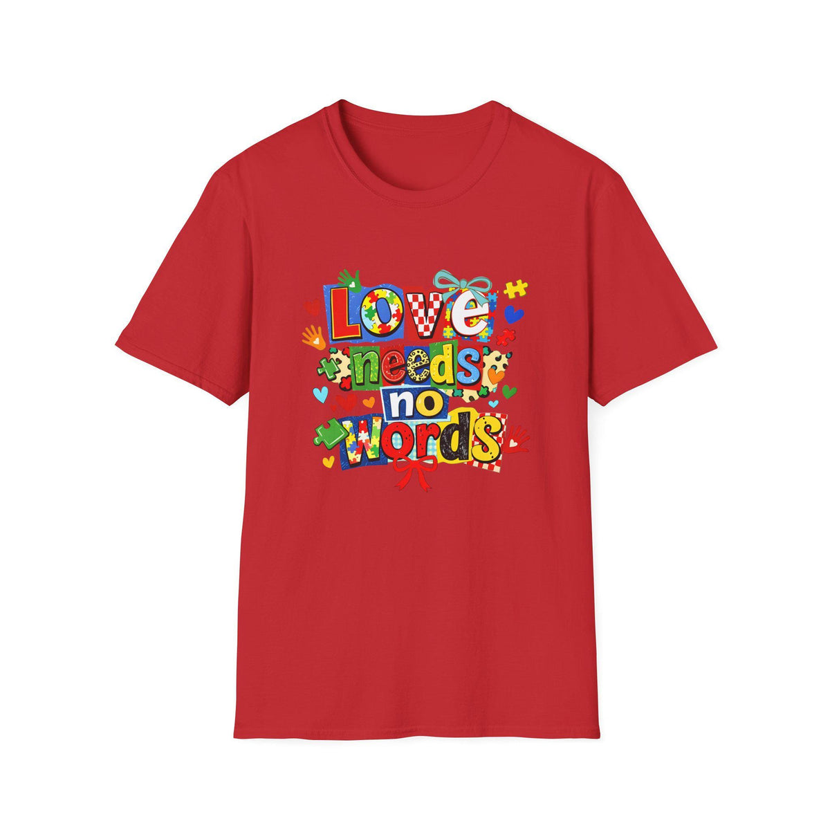 Love Needs No Words T-Shirt | Colorful Handprint Heart Illustration